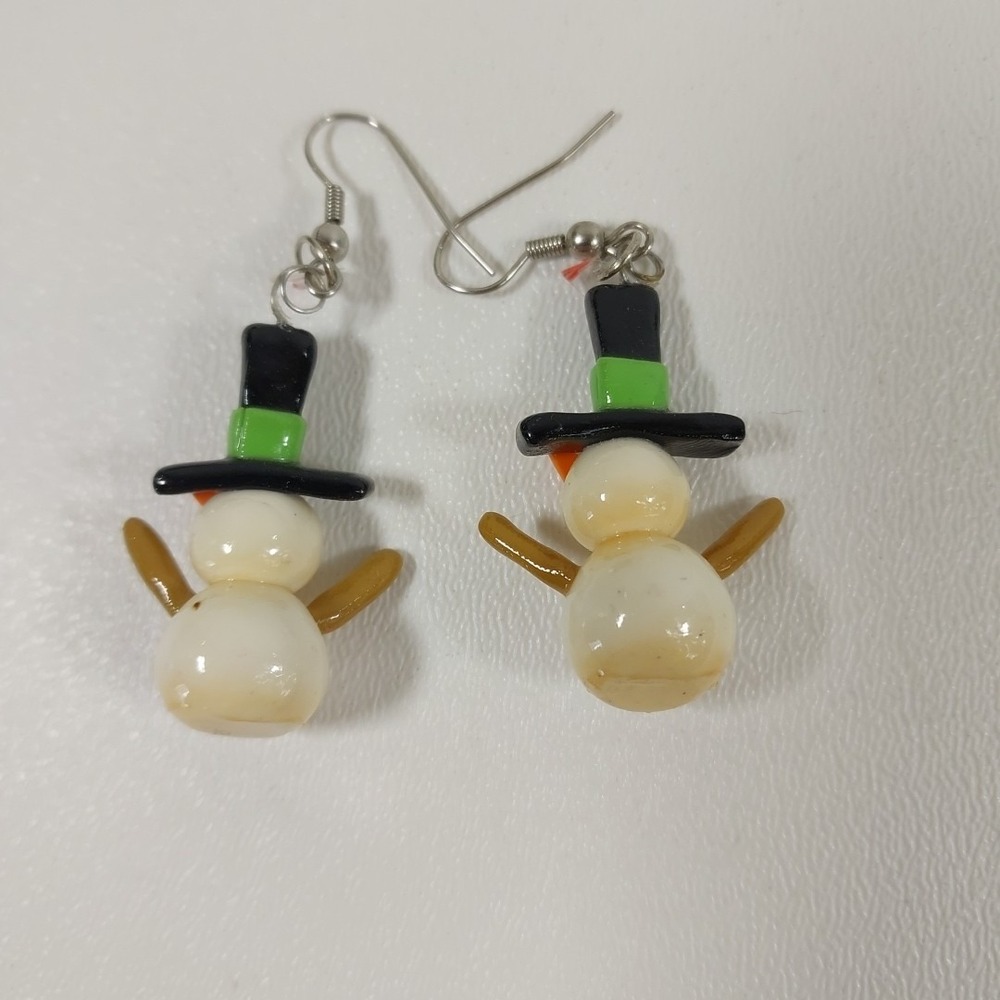 HANDMADE SNOWMAN EARRINGS WITH ARMS silver Plated - Picture 3 of 4